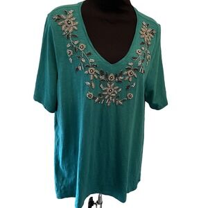 Chico's The Ultimate Tee Floral Fruit Print Beaded Embellished Flower Green Sz 3